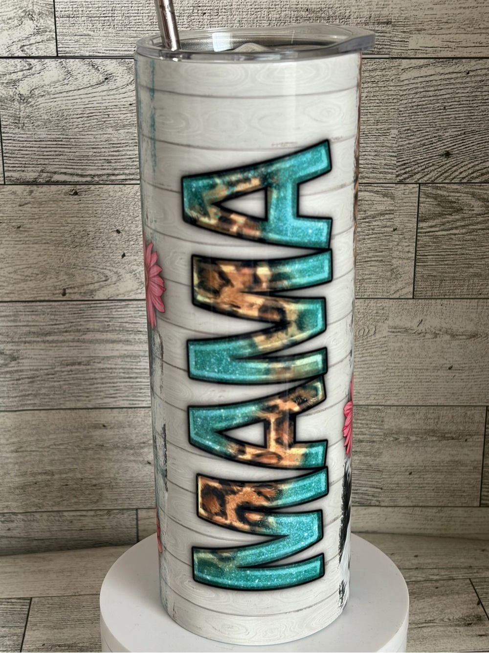 Custom MAMA  Glitter 20ozTumbler - Teal & Leopard Print Letters
